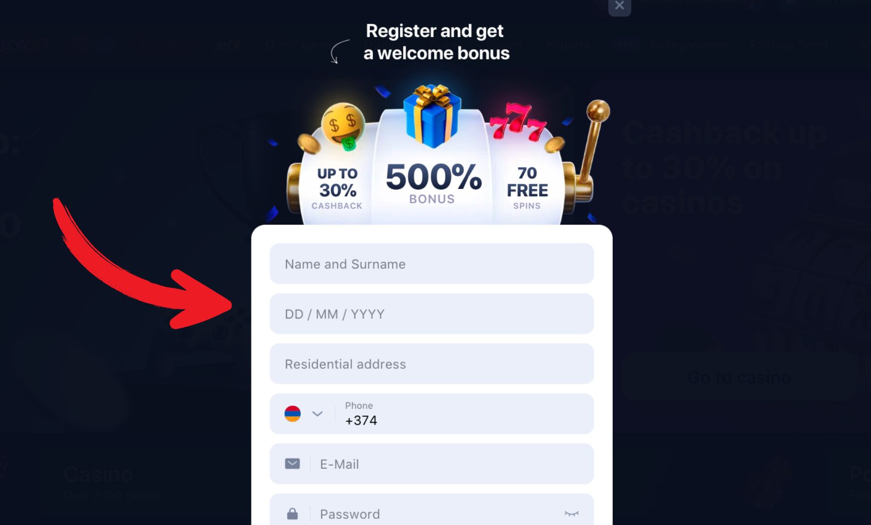 1win Armenia fill sign up data