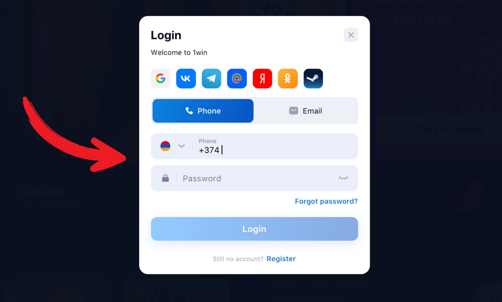 login 1win Armenia website